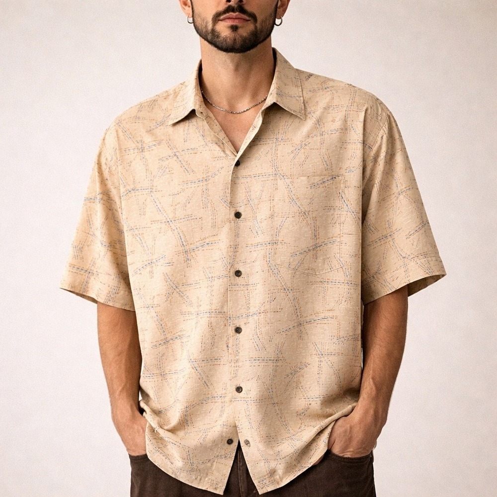 80s/90s VTG Firethorn Silk Shirt Mens XL Tan Geometric Jacquard Button Front‎